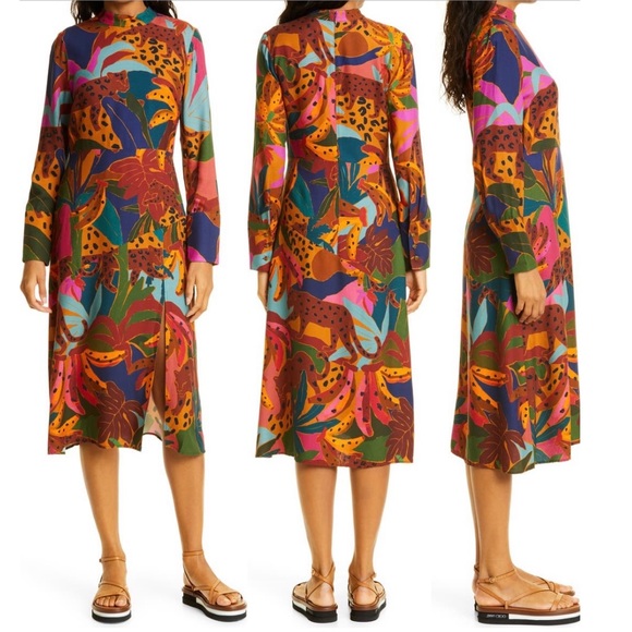 Farm Rio Leopards Jungle Long Sleeve Midi Dress Size Small